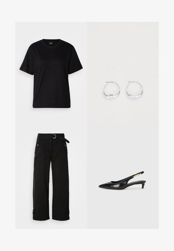 T-shirt de algodão preto com decote redondo, mangas curtas e um logótipo bordado no peito. Corte simples e descontraído, sem padrões.; Calças largas pretas com um cinto, múltiplos bolsos e costuras angulares. Feitas de um tecido durável com uma textura suave.; Saltos slingback em couro preto com bico fino, apresentando um salto esguio e um detalhe em tom dourado na alça ajustável. Textura suave.; Brincos em argola prateados com um acabamento polido e a marca DKNY, exibidos contra um fundo branco simples.