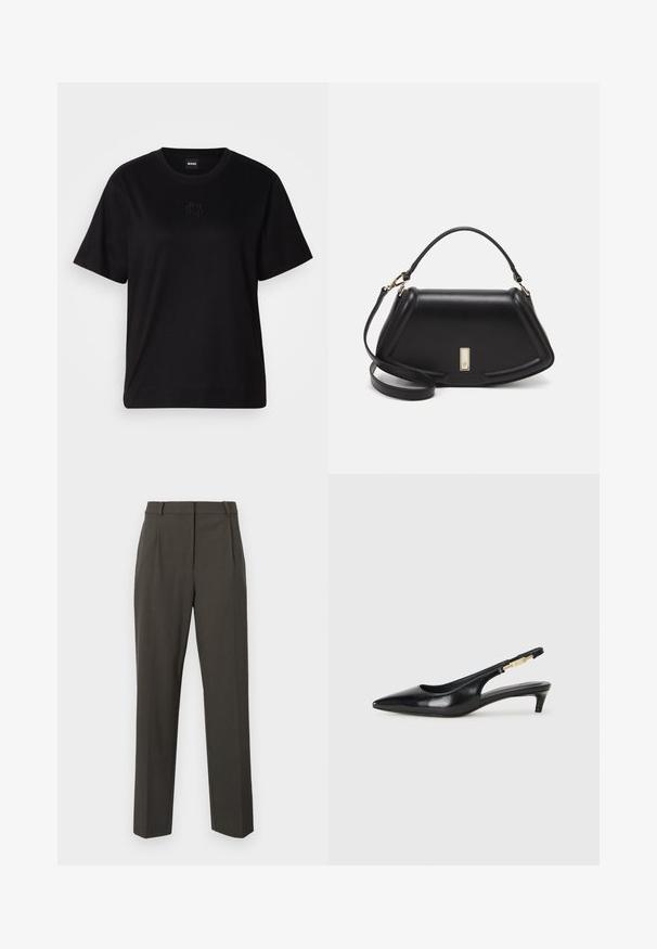 Black cotton t-shirt with a crew neckline, short sleeves, and an embroidered logo on the chest. Simple, relaxed fit with no patterns.; Dark gray trousers made of smooth fabric, featuring a tailored design, straight leg shape, and minimalistic front pleats.; Black leather slingback heels with a pointed toe, featuring a slim heel and a gold-tone accent on the adjustable strap. Smooth texture.; Black leather handbag with a structured design, featuring a cropped shape, top handle, and gold hardware accent. Adjustable shoulder strap included.