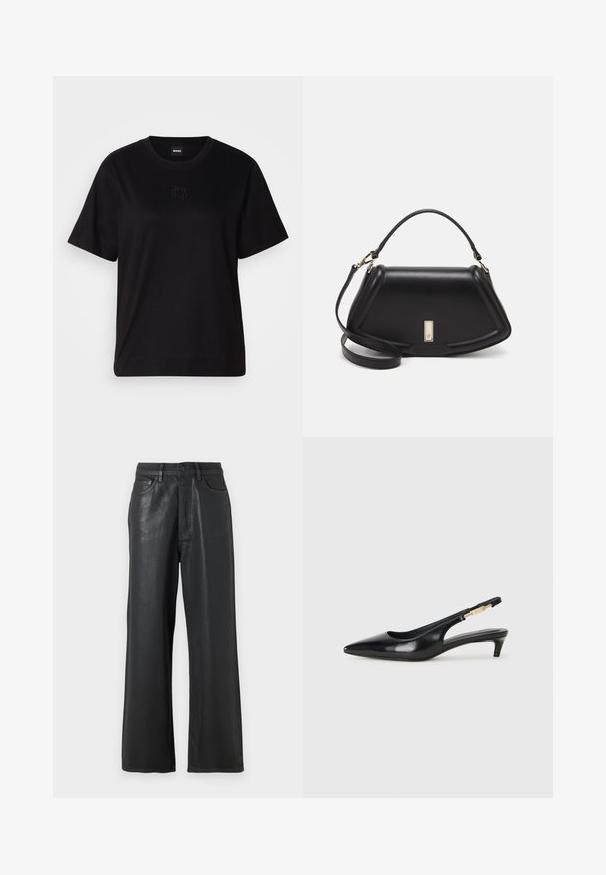 Mustmust särk, millel on ümar kaelus, lühikesed varrukad ja tindiga tikitud logo rinnal. Lihtne, mugav lõige ilma mustriteta.; Mustad lai säärised, mis on valmistatud läikivast materjalist. Omavad nööbiga kinnitust, vööloopse ja siledat tekstuuriga esimesi taskuid.; Mustad nahast slingback kontsad terava ninaga, millel on õhuke konts ja kuldse tooni aktsent reguleeritaval rihmal. Sile tekstuur.; Must mustrist käekott, millel on struktureeritud disain, lühendatud kuju, ülemine käepide ja kuldne metallist detail. Reguleeritav õlalihm on kaasas.