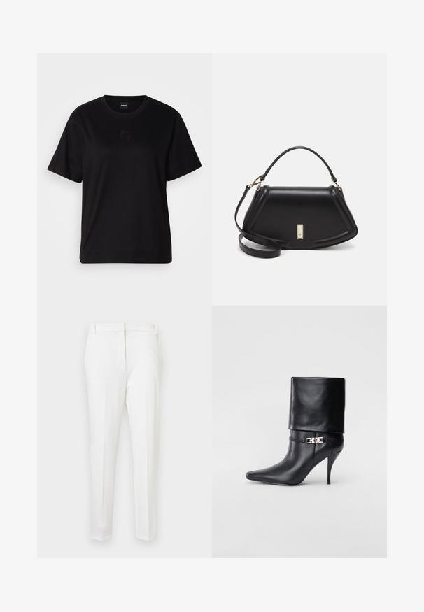 Svart bomullströja med rund halsringning, korta ärmar och en broderad logotyp på bröstet. Enkel, avslappnad passform utan mönster.; Vit skräddarsydda byxor med slim fit, med en slät yta, platt front och bältestroppar. Inga synliga fickor eller framträdande metallföremål.; Svart läderankelstövel med spetsig tå, hög stilettklack, vikbar mudd och ett dekorativt guldfärgat spänne på ankeln.; Svart läderhandväska med en strukturerad design, som har en avskuren form, ett handtag upptill och guldiga detaljer. Justerbar axelrem ingår.