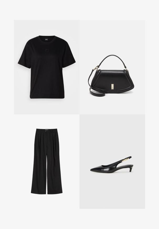 Zwarte katoenen t-shirt met een ronde hals, korte mouwen en een geborduurd logo op de borst. Eenvoudige, comfortabele pasvorm zonder patronen.; Zwarte wijde broek van gladde stof, met voorplooien, een knoopsluiting en gestikte taillebanddetails.; Zwarte leren slingback hakken met een spitse neus, voorzien van een slanke hak en een goudkleurige accent op de verstelbare band. Gladde textuur.; Zwarte leren handtas met een gestructureerd ontwerp, featuring een verkorte vorm, bovenhandvat en gouden hardwareaccent. Inclusief verstelbare schouderband.
