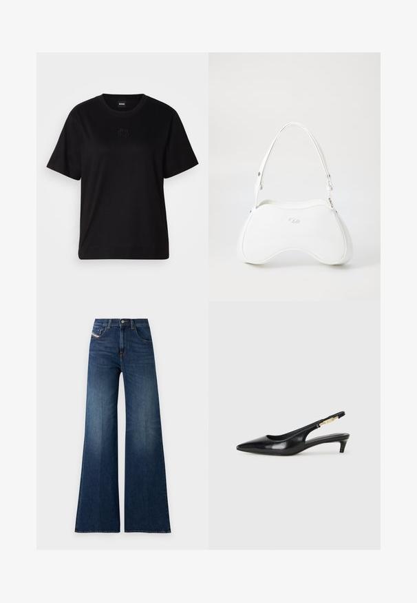 Maglietta in cotone nera con scollatura tonda, maniche corte e logo ricamato sul petto. Design semplice e vestibilità rilassata senza motivi.; Jeans a vita alta, di colore blu scuro, a gamba larga, con tasche frontali e per monete, chiusura con bottone e sottili dettagli di usura sulle cosce.; Tacchi slingback in pelle nera con punta affusolata, caratterizzati da un tacco alto e un accento dorato sulla cinghia regolabile. Texture liscia.; Borsa bianca con superficie liscia e lucida, forma curva e una sola tracolla regolabile. Presenta un logo impresso sul davanti.