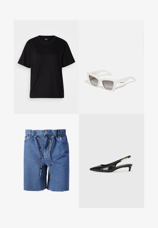Camiseta de algodón negra con cuello redondo, mangas cortas y un logo bordado en el pecho. Ajuste simple y relajado sin patrones.; Shorts de mezclilla en azul claro, con un cordón de ajuste que presenta una marca en blanco y negro. Dobladillo deshilachado y diseño estándar de cinco bolsillos.; Tacones negros de piel sintética tipo slingback con punta afilada, que cuentan con un tacón delgado y un detalle en tono dorado en la correa ajustable. Textura suave.; Gafas de sol blancas de gran tamaño con un acabado mate, diseño angular, lentes gradiente gris y un sutil logo en la patilla.