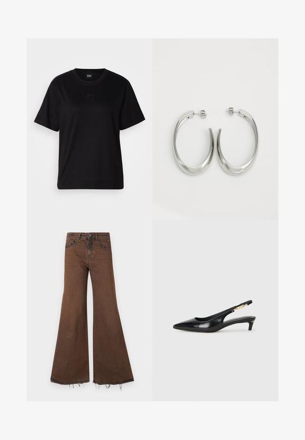 Svart bomullströja med rund halsringning, korta ärmar och en broderad logotyp på bröstet. Enkel, avslappnad passform utan mönster.; Bruna utsvängda jeans med rått fåll, med fem fickor och metalldetaljer. Tyget verkar något slitet, vilket framhäver textur och detaljer.; Svart läder slingback-hälar med spetsig tå, med en smal klack och en guldtonad detalj på den justerbara remmen. Slät textur.; Silverfärgade hoopsörhängen med en slät, böjd design. Har en glänsande metallisk yta och ett stiftlås. Inga synliga mönster eller detaljer.