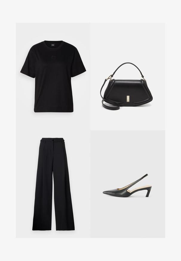 Sort bomulds t-shirt med rund halsudskæring, korte ærmer og et broderet logo på brystet. Enkel, afslappet pasform uden mønstre.; Sorte bredbenede bukser med en bælteholdt, elastisk talje og skarpe folder. Fremstillet af et glat stof med en skræddersyet design.; Sorte spidse slingback-sko med en lav hæl, lavet af glat læder og med udskæringer på siden for åndbarhed.; Sort læderhåndtaske med en struktureret design, der har en kortet form, tophåndtag og guld hardware-accenter. Justerbar skulderrem inkluderet.