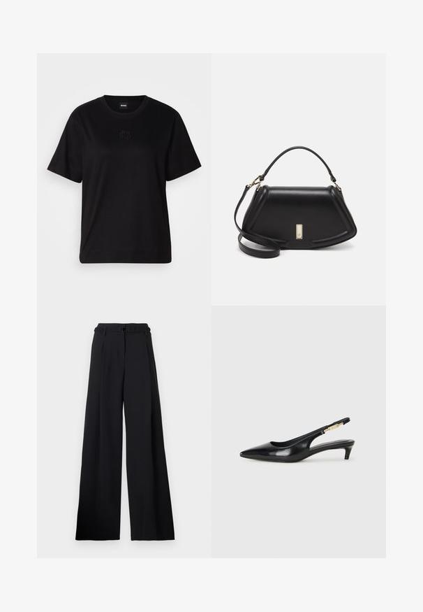 T-shirt en coton noir avec un col rond, des manches courtes et un logo brodé sur la poitrine. Coupe simple et décontractée sans motifs.; Pantalons larges noirs avec une taille élastique ceinturée et des pinces marquées. Fabriqués dans un tissu lisse avec une coupe soignée.; Talons hauts en cuir noir avec un bout pointu, dotés d'un talon fin et d'un accent en ton or sur la lanière réglable. Texture lisse.; Sac à main en cuir noir avec un design structuré, featuring une forme cropped, une poignée supérieure et des accents en matériel doré. Bandoulière réglable incluse.