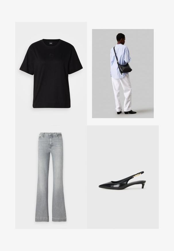Sort bomulds t-shirt med rund halsudskæring, korte ærmer og et broderet logo på brystet. Enkel, afslappet pasform uden mønstre.; Lys grå denim flare jeans med høj talje, der har en frontlukkning med knap og lynlås, fem lommer og en ren kant.; Sorte læder slingback hæle med spids tå, der har en slank hæl og en guldfarvet detalje på den justerbare rem. Glat tekstur.; Sort læder skuldertaske med en blød tekstur, trekantet form og justerbar strop, kombineret med en lyseblå stribet skjorte og hvide bukser.