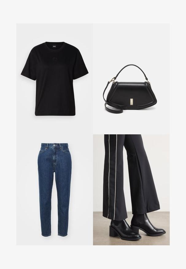 Musta puuvillapaita, jossa on pyöreä kaula-aukko, lyhyet hihat ja brodeerattu logo rinnassa. Yksinkertainen, rento istuvuus ilman kuvioita.; Farkut korkealla vyötäröllä, suora lahje, tummansininen väri, klassinen viiden taskun malli ja metallinen napitus.; Mustat nahkasaappaat nilkkapituisilla, lohkareella, joissa on joustavat sivupaneelit. Yhdistetty mustiin housuihin, joissa on valkoinen sivuraita.; Mustalla nahkalaukulla, jossa on jämäkkä muotoilu, lyhyt malli, yläkahva ja kultaiset yksityiskohdat. Säädettävä olkahihna sisältyy.