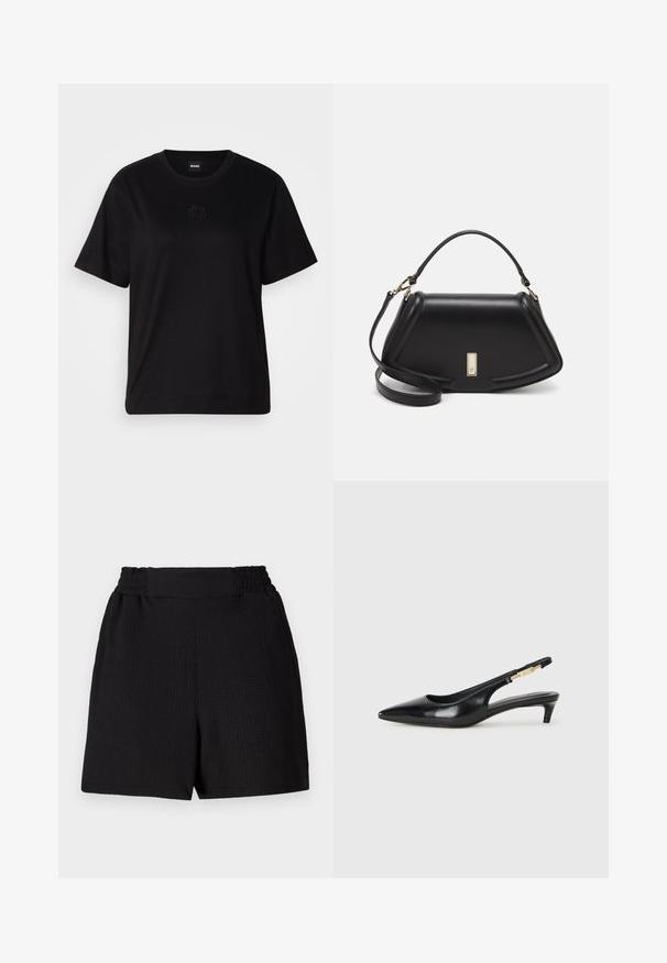 Black cotton t-shirt with a crew neckline, short sleeves, and an embroidered logo on the chest. Simple, relaxed fit with no patterns.; Black shorts with a textured fabric, elastic waistband, and straight cut. Features a clean design with no additional accents or patterns.; Black leather slingback heels with a pointed toe, featuring a slim heel and a gold-tone accent on the adjustable strap. Smooth texture.; Black leather handbag with a structured design, featuring a cropped shape, top handle, and gold hardware accent. Adjustable shoulder strap included.