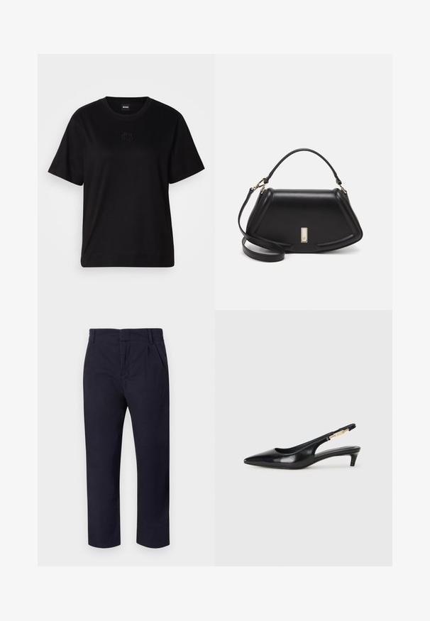Svart bomull T-skjorte med rund hals, korte ermer og et brodert logo på brystet. Enkel, avslappet passform uten mønstre.; Mørkeblå bukser laget av bomull, med rette ben, plissert front og beltehemper i midjen.; Sorte lærreim hæler med spiss tå, som har en slank hæl og en gullfarget detalj på den justerbare stroppen. Glatt tekstur.; Sort lærveske med en strukturert design, som har en avkortet form, topphåndtak og detaljer i gull. Justerbar skulderstropp inkludert.