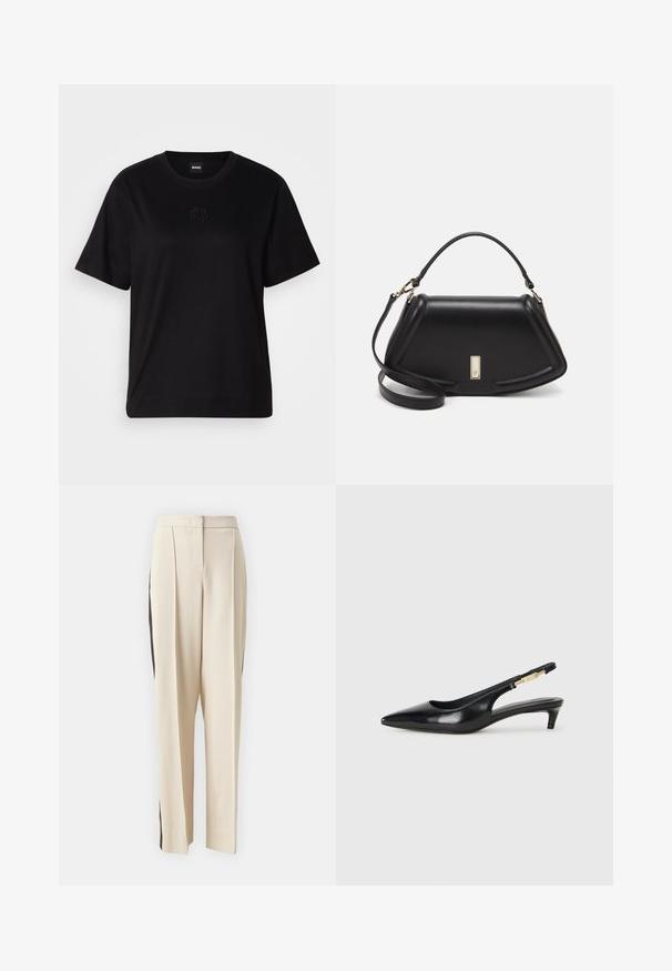 Zwarte katoenen t-shirt met een ronde hals, korte mouwen en een geborduurd logo op de borst. Eenvoudige, comfortabele pasvorm zonder patronen.; KARL LAGERFELD TAILORED SUIT PANTS - Broek - beige; Zwarte leren slingback hakken met een spitse neus, voorzien van een slanke hak en een goudkleurige accent op de verstelbare band. Gladde textuur.; Zwarte leren handtas met een gestructureerd ontwerp, featuring een verkorte vorm, bovenhandvat en gouden hardwareaccent. Inclusief verstelbare schouderband.