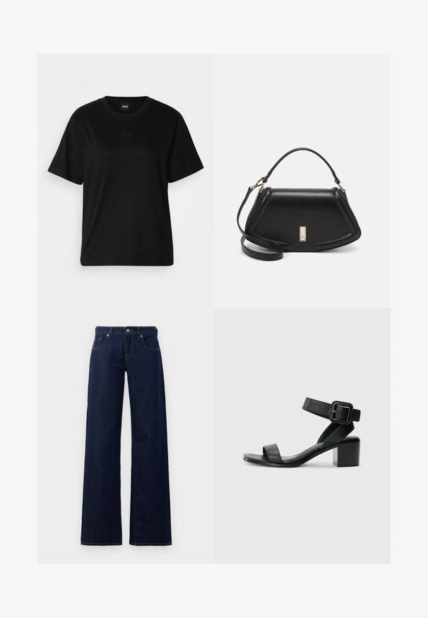 Melna kokvilnas T-krekls ar apaļu izgriezumu, īsām piedurknēm un izšūtu logotipu uz krūtīm. Vienkāršs, brīvs piegriezums bez rakstiem.; Platās kājas džinsi tumši zilā džinsa audumā, ar standarta piecu kabatu dizainu, vara šuvēm un pogu aizdari jostasvietā.; Melnas ādas papēža sandales ar regulējamu potītes siksniņu, atvērtu purngalu un kvadrātveida bloku papēdi. Gluda tekstūra, minimālistisks stils.; Melnas ādas roku soma ar struktūru, ar īsu formu, augšējo rokturi un zelta aksesuāriem. Iekļauta regulējama plecu siksna.
