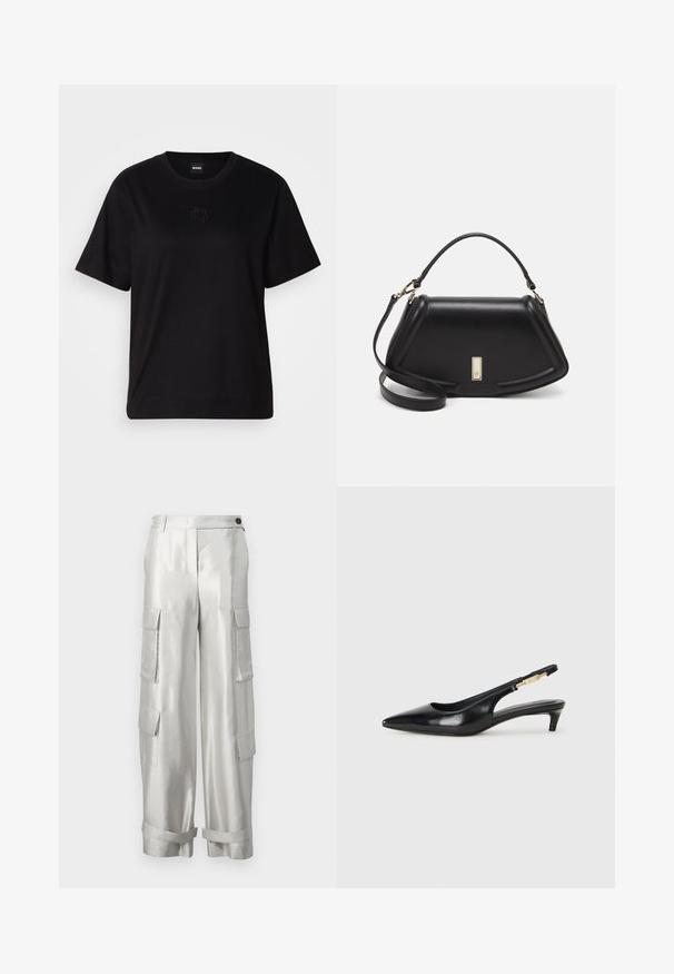 Black cotton t-shirt with a crew neckline, short sleeves, and an embroidered logo on the chest. Simple, relaxed fit with no patterns.; Silver cargo pants with a metallic sheen, featuring two side pockets, a button closure, and rolled cuffs for added detail.; Black leather slingback heels with a pointed toe, featuring a slim heel and a gold-tone accent on the adjustable strap. Smooth texture.; Black leather handbag with a structured design, featuring a cropped shape, top handle, and gold hardware accent. Adjustable shoulder strap included.