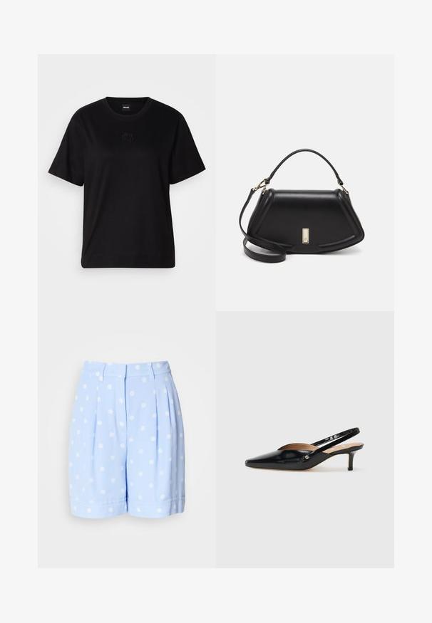 Black cotton t-shirt with a crew neckline, short sleeves, and an embroidered logo on the chest. Simple, relaxed fit with no patterns.; Light blue shorts made of smooth fabric, featuring white polka dots, front pleats, and rolled cuffs. Tailored waistband with belt loops.; Black patent leather slingback pump with a pointed toe, small heel, and a cutout design on the vamp. Gold-tone hardware accent on the side.; Black leather handbag with a structured design, featuring a cropped shape, top handle, and gold hardware accent. Adjustable shoulder strap included.