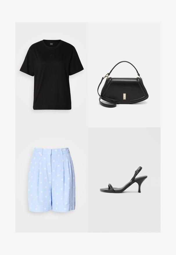 Black cotton t-shirt with a crew neckline, short sleeves, and an embroidered logo on the chest. Simple, relaxed fit with no patterns.; Light blue shorts made of smooth fabric, featuring white polka dots, front pleats, and rolled cuffs. Tailored waistband with belt loops.; Black leather high-heeled sandals with a slim, curved heel and a crossed strap design. Adjustable ankle strap. Smooth texture.; Black leather handbag with a structured design, featuring a cropped shape, top handle, and gold hardware accent. Adjustable shoulder strap included.