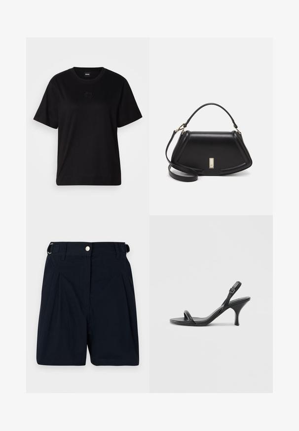 Black cotton t-shirt with a crew neckline, short sleeves, and an embroidered logo on the chest. Simple, relaxed fit with no patterns.; Navy blue cotton shorts with pleated front, side belt loops, and a metal button closure. Smooth texture, tailored design.; Black leather high-heeled sandals with a slim, curved heel and a crossed strap design. Adjustable ankle strap. Smooth texture.; Black leather handbag with a structured design, featuring a cropped shape, top handle, and gold hardware accent. Adjustable shoulder strap included.