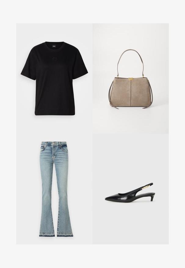 T-shirt en coton noir avec un col rond, des manches courtes et un logo brodé sur la poitrine. Coupe simple et décontractée sans motifs.; Jean en denim bleu clair évasés, taille haute, coutures définies et ourlet effiloché. Le matériau paraît doux avec un design classique à cinq poches.; Talons hauts en cuir noir avec un bout pointu, dotés d'un talon fin et d'un accent en ton or sur la lanière réglable. Texture lisse.; Tommy Hilfiger CASUAL SHOULDER BAG - Sac à main - coastal taupe