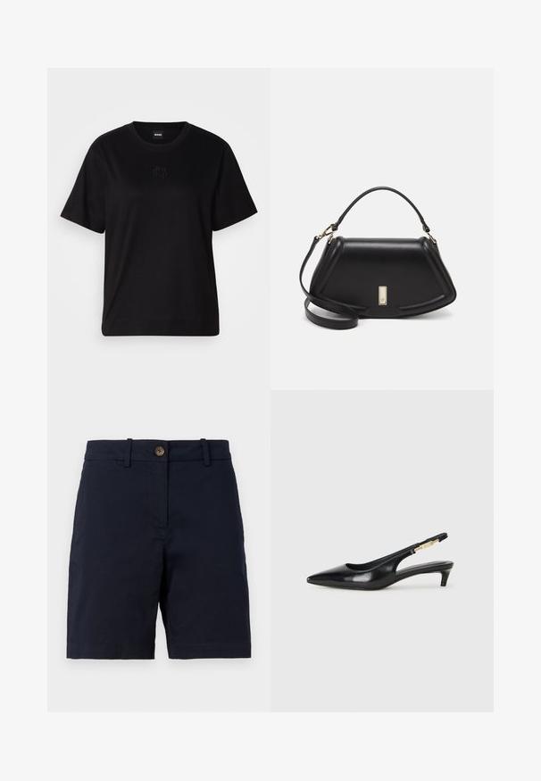 Musta puuvillapaita, jossa on pyöreä kaula-aukko, lyhyet hihat ja brodeerattu logo rinnassa. Yksinkertainen, rento istuvuus ilman kuvioita.; Tummansinisiä puuvillashortseja, joissa on nappikiinnitys, vyölenkit ja suora lahjejanssi. Tasainen pinta ilman näkyviä kuvioita.; Mustat nahkaiset slingback-korkokengät, joissa on terävä kärki, ohuet korot ja kultasävytteinen yksityiskohta säädettävässä hihnassa. Silkkinen pinta.; Mustalla nahkalaukulla, jossa on jämäkkä muotoilu, lyhyt malli, yläkahva ja kultaiset yksityiskohdat. Säädettävä olkahihna sisältyy.