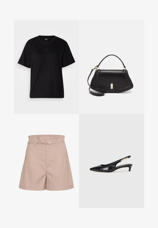Black cotton t-shirt with a crew neckline, short sleeves, and an embroidered logo on the chest. Simple, relaxed fit with no patterns.; Light pink tailored shorts made of a textured fabric, featuring a wide waistband, belt loops, and a silver buckle detail.; Black leather slingback heels with a pointed toe, featuring a slim heel and a gold-tone accent on the adjustable strap. Smooth texture.; Black leather handbag with a structured design, featuring a cropped shape, top handle, and gold hardware accent. Adjustable shoulder strap included.