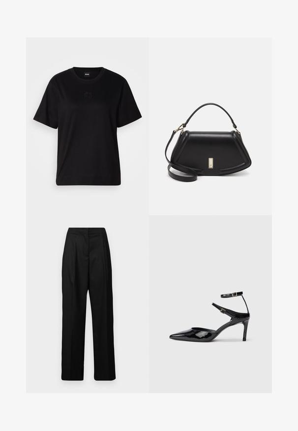 Mustmust särk, millel on ümar kaelus, lühikesed varrukad ja tindiga tikitud logo rinnal. Lihtne, mugav lõige ilma mustriteta.; Mustmustad musta värvi laiad püksid, mis on valmistatud sileda tekstuuriga kangast, kõrge talje ja ees olevate voldidega, et tagada kohandatud välimus. Ükski tasku ei ole nähtav.; Mustad nahast mustad kontsad terava ninaga, reguleeritavate pahkluu rihmade ja õhukese kontsaga. Sile tekstuur läikiva viimistlusega.; Must mustrist käekott, millel on struktureeritud disain, lühendatud kuju, ülemine käepide ja kuldne metallist detail. Reguleeritav õlalihm on kaasas.