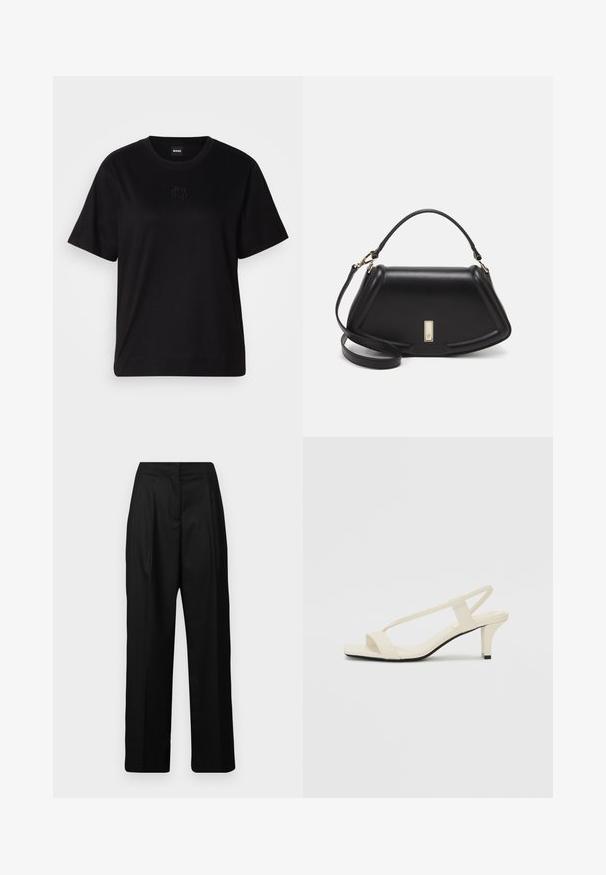 T-shirt en coton noir avec un col rond, des manches courtes et un logo brodé sur la poitrine. Coupe simple et décontractée sans motifs.; Pantalons larges noirs en tissu lisse, présentant une taille haute et des plis avant pour une allure tailleur. Pas de poches visibles.; Sandales beiges à talons carrés avec des fines brides et un bout carré. Matière lisse avec des détails minimaux, conçues pour un port facile.; Sac à main en cuir noir avec un design structuré, featuring une forme cropped, une poignée supérieure et des accents en matériel doré. Bandoulière réglable incluse.