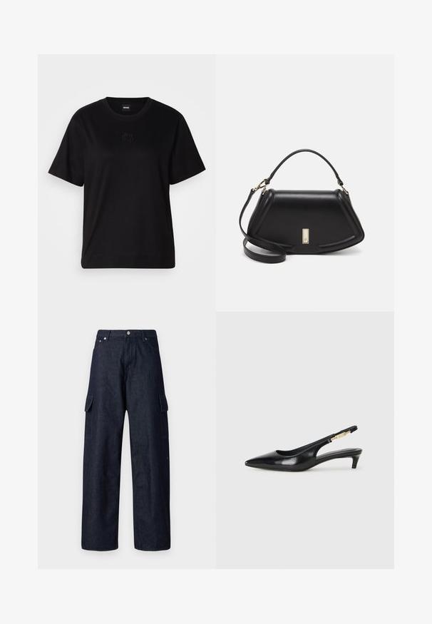 Melna kokvilnas T-krekls ar apaļu izgriezumu, īsām piedurknēm un izšūtu logotipu uz krūtīm. Vienkāršs, brīvs piegriezums bez rakstiem.; Tumši denima kravas bikses ar platiem svārkiem, ar divām sānu kabatām, pogu aizdari un izturīgu audumu tekstūru.; Melnas ādas slingback zābaki ar smailu purngalu, ar šauru papēdi un zelta krāsas akcentu uz regulējama siksniņas. Gluda tekstūra.; Melnas ādas roku soma ar struktūru, ar īsu formu, augšējo rokturi un zelta aksesuāriem. Iekļauta regulējama plecu siksna.