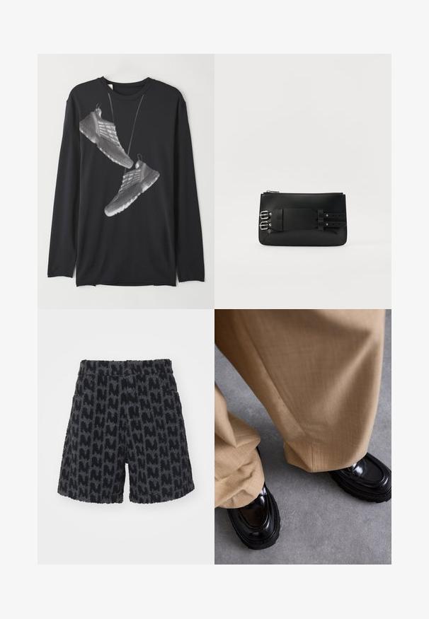 Czarna koszula z długim rękawem wykonana z gładkiego materiału, z graficznym wzorem białych sneakersów w kropkowanym wzorze na przodzie.; Fuzzy czarne i szare szorty z teksturowanym wzorem przypominającym literę "M". Posiadają elastyczny pas z guzikiem oraz kieszenie boczne.; Beżowe spodnie o teksturowanym wykończeniu, w połączeniu z błyszczącymi czarnymi mokasynami z grubą podeszwą i dekoracyjnym przeszyciem.; Czarna skórzana kopertówka o gładkiej teksturze, wyposażona w metalowe elementy i szczegół z klamrą z tyłu. Zamek błyskawiczny na górze.