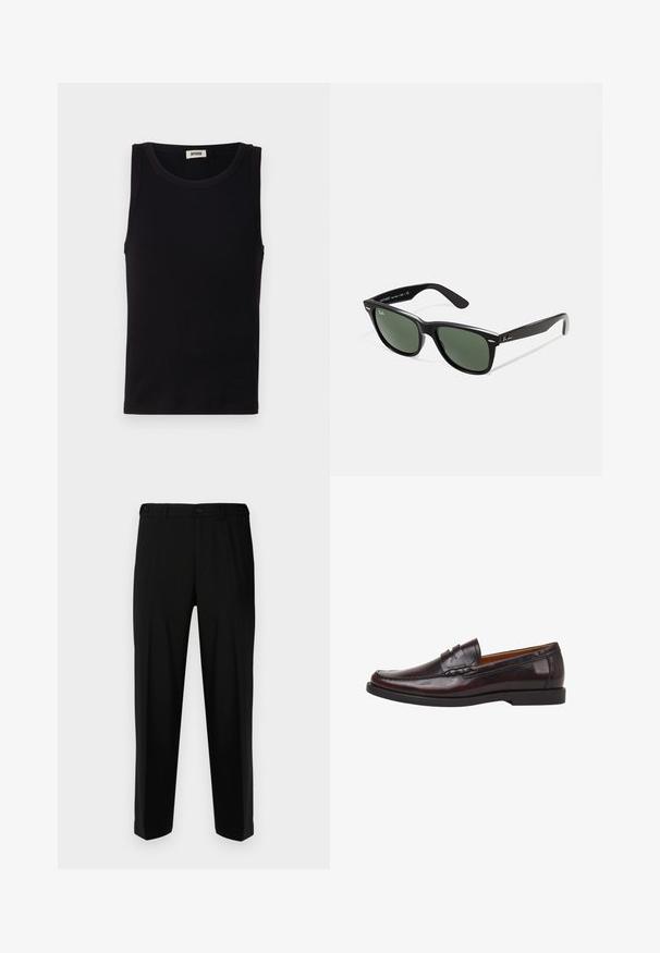 Schwarzes ärmelloses Tanktop aus weicher Baumwolle. Verfügt über einen runden Ausschnitt und einen geraden Schnitt mit minimalen Nähdetails.; Schwarze Hosen aus glattem Stoff, mit geradem Schnitt, zwei vorderen Taschen und einem Reißverschluss mit Knopfverschluss.; Herren Loafer aus burgunderfarbenem Leder mit einer glatten Oberfläche, dekorativer Stickerei und einem niedrigen schwarzen Gummisohle. Klassisches Design mit Slip-On-Stil.; Schwarze Plastiksonnenbrille mit grünen Gläsern, quadratischen Rahmen, silbernem Akzent auf der Augenbraue und strukturierten Bügeln. Angegebene Marke auf dem inneren Bügel.