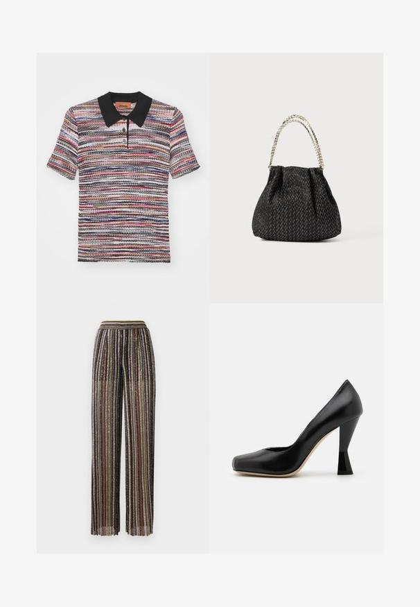Missoni Polo shirt - multicolor/red/pink/blu; Pleated wide-leg trousers with multicolored metallic stripes, featuring a black base and an elastic waistband with a striped design.; Black leather high-heeled shoe with a square toe and a uniquely shaped glossy black heel. Smooth texture and simple design.; Black textured handbag with a herringbone pattern, gathered design, and a metallic chain handle. Soft fabric offers a sleek appearance.