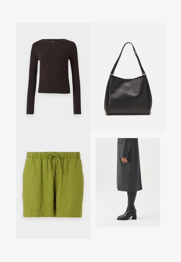 Hosszú ujjú felső sötétbarnában, puha, rugalmas anyagból készült. Kerek nyakkivágással és testhezálló fazonnal rendelkezik, amely alkalmas rétegezésre.; Zöld vászon rövidnadrág rugalmas derékrésszel és állítható zsinórral, kényelmes fitnesz és egyenes szegéllyel.; Szürke, szabott overál, egyenes vonallal; térd fölé érő fekete bőrcsizmákkal párosítva, négyzetes orral és vastag sarokkal.; Fekete szintetikus bőr kézitáska puha tapintással, hobo forma, és dupla vállpánt; fényes felülettel és minimál stílussal rendelkezik.