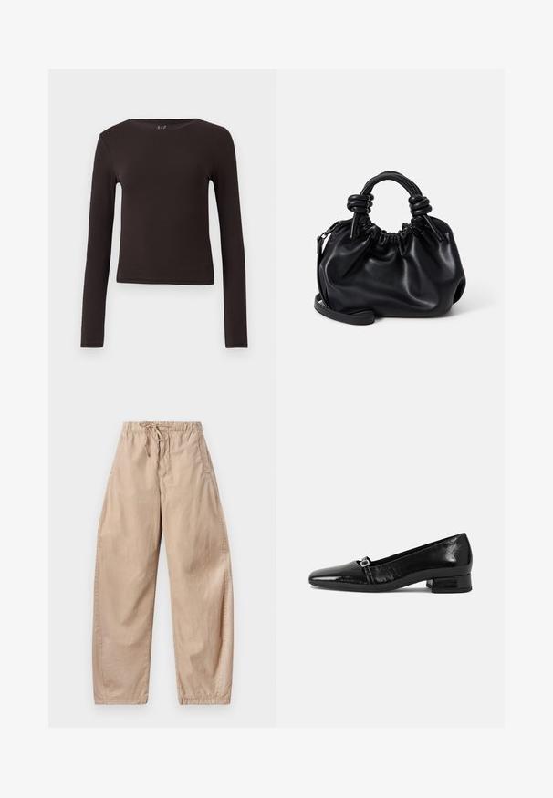 Tumši brūnas krāsas krekls ar garām piedurknēm, izgatavots no mīkstas stiept auduma. Tam ir apaļa kakla izgriezums un pieguļoša forma, kas ir piemērota kārtu veidošanai.; Beige kokvilnas platās kājas bikses ar elastīgu jostu un auklu, ar sānu kabatām un gludu, vieglu tekstūru.; Melnas lakotas ādas baleta kurpes ar norādītu purngalu, zemu kvadrātveida papēdi un mazu metālisku sprādzi uz jostītes. Gluda tekstūra.; Melna ādas rokassoma ar savilkuma dizainu, īsām noapaļotām rokturiem un izolajamu plecu siksnu. Gluda tekstūra ar mīkstu siluetu.