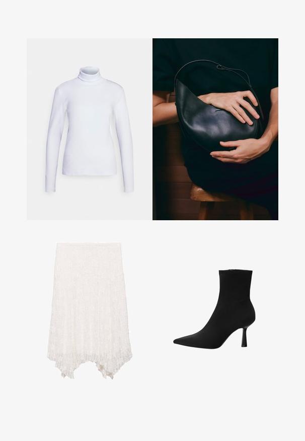 Witte coltrui met lange mouwen, gemaakt van een gladde stof. Strak model met minimale naden, voorzien van een hoge hals en een rechte zoom.; Witte kanten rok met een gelaagde ontwerp, voorzien van een bloemenpatroon en een asymmetrische zoom die aan de voorkant korter en aan de achterkant langer is.; Zwarte enkelboot gemaakt van gladde stof, met een spitse neus en een slanke stilettohak, met een naadloos ontwerp en zonder zichtbare hardware.; Zwarte leren handtas met een unieke halvemaanvorm. Heeft een minimalistisch ontwerp, een soepele textuur en een subtiel logo. Verstelbare schouderband.; Zilverkleurige creolen met cirkelvormige, heldere edelstenen aan de voorkant, voorzien van een veilige sluiting.