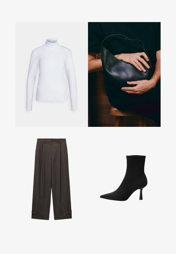 Weißer Rollkragenpullover mit langen Ärmeln, aus glattem Stoff gefertigt. Enganliegendes Design mit minimalen Nähten, hoher Kragen und geradem Saum.; Dunkelbraune weite Hosen mit Falten an der Front, Gürtelschlaufen an der Taille und umgeschlagenen Säumen, hergestellt aus einem glatten Stoff.; Schwarze Knöchelstiefel aus glattem Stoff, mit spitzem Fuß und schmalem Stiletto-Absatz, nahtlosem Design und ohne sichtbare Beschläge.; Schwarze Lederhandtasche mit einzigartiger Halbmondform. Verfügt über ein minimalistisches Design, eine glatte Textur und ein dezentes Logo. Verstellbarer Tragegurt.
