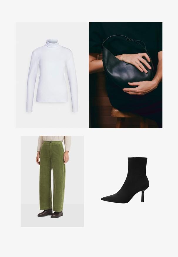 Witte coltrui met lange mouwen, gemaakt van een gladde stof. Strak model met minimale naden, voorzien van een hoge hals en een rechte zoom.; Groene corduroy broek met wijde benen, hoge taille en voorzakken, voorzien van een enkele knoopsluiting en een gestructureerd, ribbelachtig oppervlak.; Zwarte enkelboot gemaakt van gladde stof, met een spitse neus en een slanke stilettohak, met een naadloos ontwerp en zonder zichtbare hardware.; Zwarte leren handtas met een unieke halvemaanvorm. Heeft een minimalistisch ontwerp, een soepele textuur en een subtiel logo. Verstelbare schouderband.