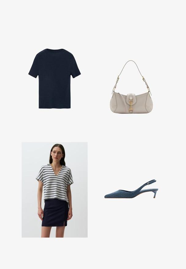 Marineblauwe t-shirt met korte mouwen, ronde halslijn, gemaakt van zachte stof, met een rechte snit en zonder zichtbare patronen of accenten.; Gestreepte gebreide top met een V-hals, met horizontale marineblauwe en roomwitte strepen. Gecombineerd met een marineblauwe rok met een zijsplit.; Denim slingback hakken met een spitse neus en een lage, slanke hak. Kenmerkt zich door een gestructureerde stof in donkerblauw en een slank, gestroomlijnd ontwerp.; Lichtgrijze leren handtas met een gebogen vorm, gouden accenten, een sluiting aan de voorkant en gestikte details. Inclusief verstelbare schouderriem.