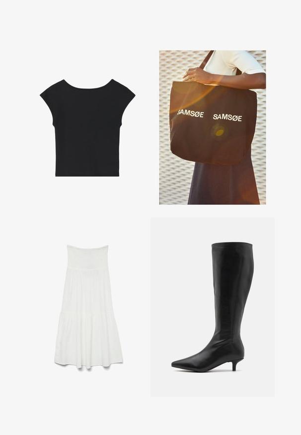 Top nero cropped con maniche corte a sbuffo, scollatura rotonda e trama di tessuto liscia, caratterizzato da un design semplice senza fantasie o decorazioni.; Abito bianco senza spalline con un corpetto elasticizzato e una gonna a strati svasata. Realizzato in tessuto leggero con una texture morbida.; RAID ALPINE - Stivali alti - black; Borsa tote nera in tela, con testo bianco "SAM SøE" stampato su entrambi i lati. Forma rettangolare con manici robusti e finitura opaca.