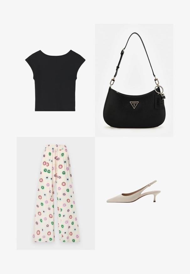 Black cropped top with short cap sleeves, round neckline, and smooth fabric texture, featuring a plain design without patterns or embellishments.; Wide-leg pants in cream fabric, featuring a floral pattern with pink, green, brown, and blue accents. Elastic waistband for comfort.; Beige slingback heels with a pointed toe and a low, flared heel. Made from smooth leather with a minimalistic design and adjustable strap.; Black synthetic shoulder bag with a curved silhouette, textured finish, gold triangle logo, and detachable hardware accents.