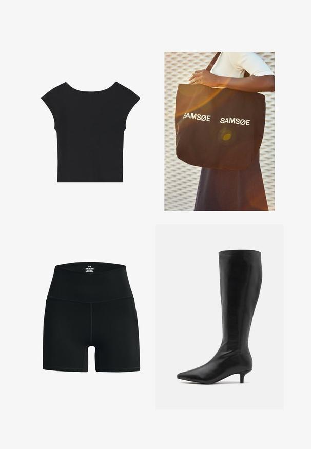Schwarzes kurz geschnittenes Top mit kurzen Kappenärmel, runder Halsauschnitt und glatter Stoffoberfläche, das ein schlichtes Design ohne Muster oder Verzierungen aufweist.; Schwarze elastische Shorts mit hoher Taille, mit glatter Textur und Flachnähten für Komfort. Branding auf dem Taillenbund angezeigt.; RAID ALPINE - Stiefel - black; Schwarze Tragetasche aus Canvas, mit weißem Text "SAM SøE" auf beiden Seiten bedruckt. Rechteckige Form mit robusten Griffen und matter Oberfläche.