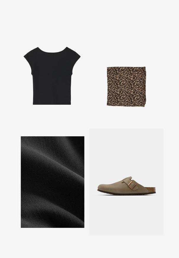 Črn skrajšan top z kratkimi rokavi v obliki kapice, okroglim izrezom in gladko teksturo blaga, ki ima preprost dizajn brez vzorcev ali okraskov.; Črna tkanina z gladko, mat teksturo, ki prikazuje subtilne razlike v odtenkih in vlaknih, razpeta tako, da razkrije mehke krivine in globino.; Rjave klompice z gladko, matirano površino. Na strani imajo izrazit bronast sponko. Korkov vložek in gumijast podplat za udobje.; Tkanina v leopardjem vzorcu v bež barvi z črnimi madeži, gladka tekstura, pravokotna oblika in zložena z zaključnimi robovi.; Burgundska torbica na rame, izdelana iz sijočega materiala, z ukrivljeno obliko in nabranim teksturo. Ima kratek ročaj in vidno zadrgo.