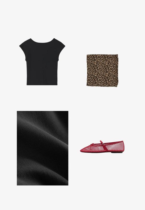 Schwarzes kurz geschnittenes Top mit kurzen Kappenärmel, runder Halsauschnitt und glatter Stoffoberfläche, das ein schlichtes Design ohne Muster oder Verzierungen aufweist.; Schwarzer Stoff mit einer glatten, matten Textur, der subtile Farb- und Faservariationen zeigt und drapiert ist, um weiche Kurven und Tiefe zu enthüllen.; Rote Netz-Ballerinas mit spitzem Zehenbereich, ausgestattet mit einem dünnen Riemen und Schnallen-Detail. Das Obermaterial hat ein offenes Wabenmuster.; Leopardenmusterstoff in Beige mit schwarzen Flecken, glatte Textur, rechteckige Form und gefaltet mit genähten Kanten.; Burgunderfarbene Schultertasche aus glänzendem Material, mit geschwungener Form und geraffter Struktur. Sie verfügt über einen kurzen Griff und einen sichtbaren Reißverschluss.