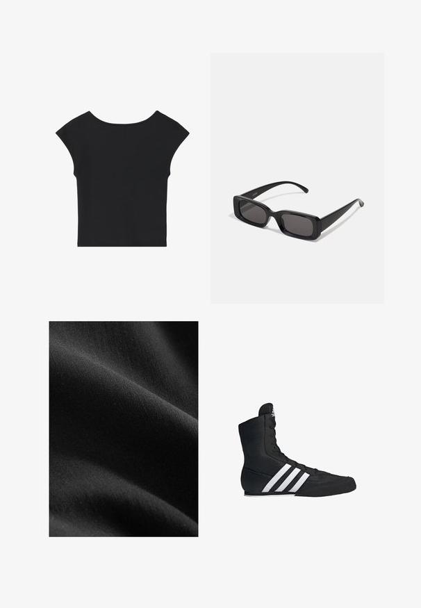 Zwart cropped top met korte kapmouwen, ronde halslijn en een soepele stofstructuur, met een eenvoudige uitstraling zonder patronen of versieringen.; Zwarte stof met een gladde, matte textuur, met subtiele variaties in tint en vezel, gedrapeerd om zachte rondingen en diepte te onthullen.; Zwarte hoge sportschoen met een textiel bovenwerk, voorzien van drie witte strepen en een veterontwerp aan de voorkant. Platte rubberen zool aan de onderkant.; Zwarte rechthoekige zonnebril met donkere lenzen, glanzende afwerking, brede pootjes en een robuust frameontwerp. Gegraveerde merknaam op één van de pootjes.; Luipaardprintstof in beige met zwarte vlekken, gladde textuur, rechthoekige vorm en geplooid met afgewerkte randen.; Even&Odd Shopper - black