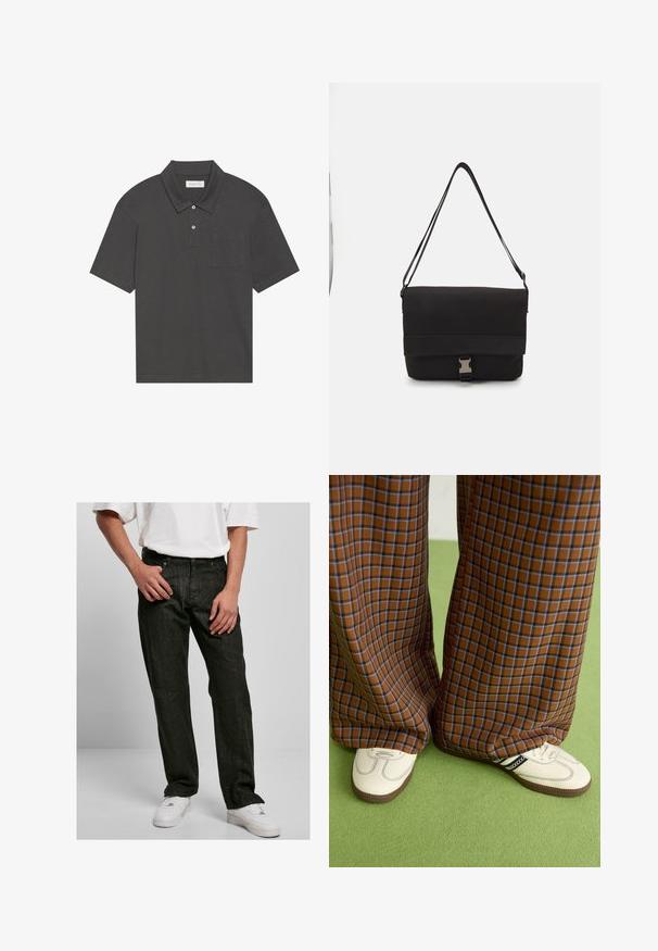 Temno siva polo majica s tradicionalnim ovratnikom, tri gumbe zapenjanja, kratkimi rokavi in žepom na levi strani prsnega dela. Gladka tekstura tkanine.; Temno jeans hlače s ravnim krojem, ki imajo subtilno teksturo, pet žepov in kovinsko zaponko. Nosijo se z belimi športnimi copati.; Rjave in modre kariraste hlače širokih nogavic, v kombinaciji z belimi čevlji, ki imajo črne poudarke in teksturirane podplate, na zeleni podlagi.; Črna torba za sporočila iz gladkega materiala, z zložljivim pokrovom, srebrno sponko in nastavljivim naramnim trakom.