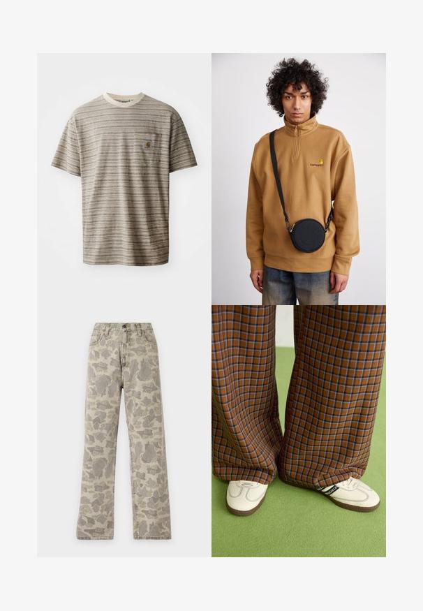 T-shirt à manches courtes rayé en beige et marron, doté d'un col rond et d'une poche poitrine avec un écusson logo. Tissu texturé.; Carhartt WIP LANDON PANT - Jean droit - grey/black; Un pantalon large à carreaux marron et bleu associé à des chaussures blanches avec des accents noirs et des semelles texturées, le tout sur fond vert.; Sweat-shirt en polaire marron à demi-fermeture éclair avec logo brodé, portant un sac en bandoulière noir avec fermeture éclair et détail de logo, porté sur un jean.