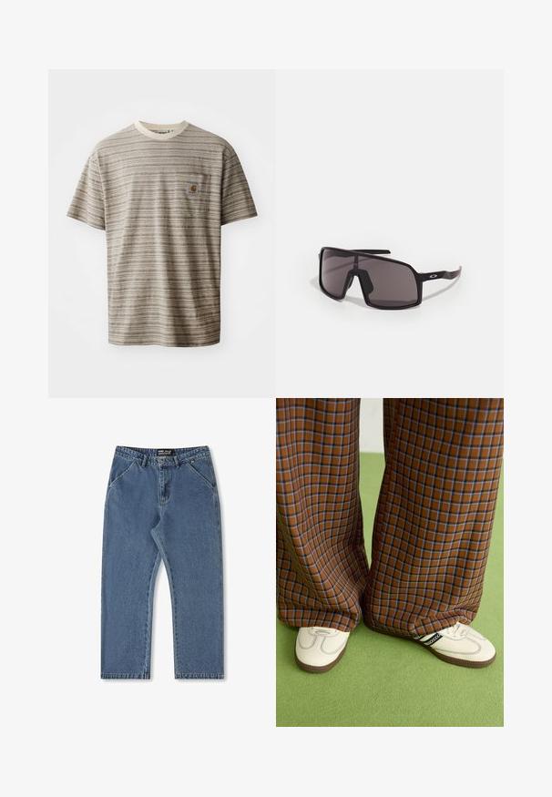Kortermet stripete t-skjorte i beige og brun, med rund hals og brystlomme med logopatch. Teksturert stoff.; Blå denimjeans med rett ben design, midjehøyde og klassisk fem-lomme styling. Har subtil fading og sydd detaljer.; Brune og blå rutete vide bukser sammen med hvite sko med svarte detaljer og teksturerte såler, satt mot en grønn bakgrunn.; Svarte rektangulære solbriller med mørke linser, bred ramme og slanke svarte armer. Har en logo på stengene. Glatt tekstur.