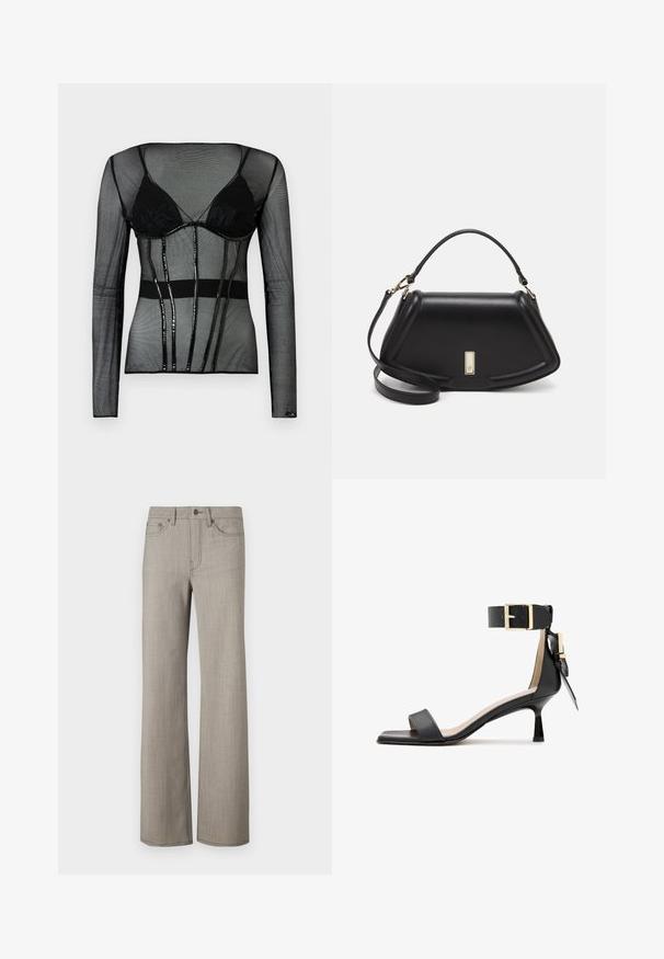 Schwarzes Netz-Langarmoberteil mit einem integrierten schwarzen BH, das ein enganliegendes Design, transparente Textur und glänzende schwarze Akzente aufweist.; Weit geschnittene Hose aus einem hellgrauen, strukturierten Stoff mit glatter Oberfläche. Mit Knopfverschluss und Fünf-Taschen-Design.; Schwarze, lederne, hochhackige Sandalen mit einem quadratischen Zehenbereich, einem Knöchelriemen mit einer goldenen Schnalle und einem schmalen Absatz. Glatte Textur, minimalistisches Design.; Schwarze Lederhandtasche mit einem strukturierten Design, das eine verkürzte Form, einen oberen Griff und goldfarbene Hardware-Details aufweist. Verstellbarer Schulterriemen ist enthalten.