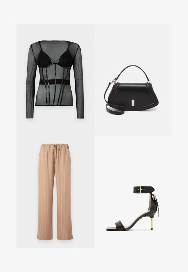 Black mesh long-sleeve top with a built-in black bra, featuring a fitted design, sheer texture, and glossy black accents.; Beige wide-leg pants with a drawstring waistband, featuring vertical white pinstripes, made from a smooth, lightweight fabric.; Black leather heeled sandal with a square toe, ankle strap featuring a gold buckle, and a slender metallic heel. Smooth texture, minimalist design.; Black leather handbag with a structured design, featuring a cropped shape, top handle, and gold hardware accent. Adjustable shoulder strap included.