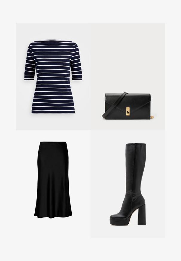 Tricou bleu marin cu dungi albe orizontale, mâneci scurte și decolteu rotund. Fabricat dintr-un material neted cu o croială ajustată.; Fustă midi din satin negru, cu o textură netedă, tiv evazat și talie ajustată, având un design simplu și clasic.; Botine negre, până la genunchi, din piele netedă cu finisaj texturat, având un toc înalt și pătrat și un vârf rotunjit.; Portofel din piele neagră, cu clapetă pliabilă, accesorii din aur, având un accent cu logo. Include o curea detașabilă pentru purtare.