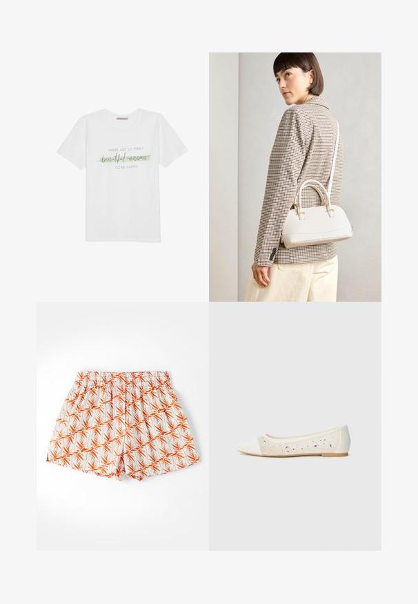 Bela bombažna majica s kratkimi rokavi in okroglim izrezom, z natisnjenim besedilom v črni in zeleni barvi: "Obstaja toliko čudovitih razlogov, da si srečen."; Bela kratka hlače z oranžnim vzorcem palmovega lista, z elastičnim pasom in ohlapnim krojem. Narejene iz lahkega materiala, primerne za toplejše vreme.; Pointe kratek v kremni usnjeni z transparentnim zgornjim delom, okrašenim s razpršenimi kamni. Mehak podplat za udobje, minimalističen dizajn.; Bela strukturirana torba z kratkimi ročaji in naramnim trakom, z zlatimi okrasnimi elementi in teksturiranim materialom, prikazana na sivi podlagi.