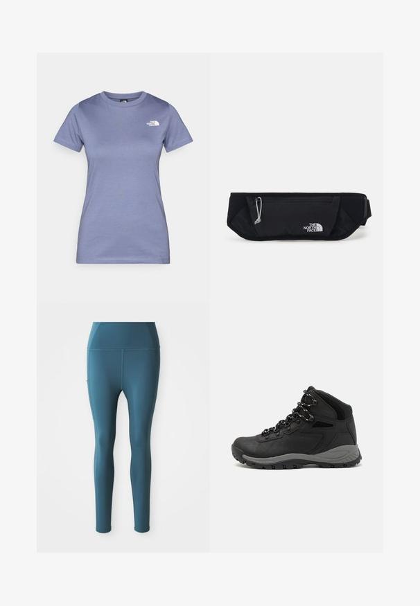 Lichtpaarse t-shirt met korte mouwen van katoen, met een ronde halslijn en een klein wit logo op de borst. Soepele textuur.; Turquoise rekleggings met een gladde textuur, een hoge tailleband, zijzakken en geen zichtbare naden, ontworpen voor sportkleding.; Zwarte wandelschoen met een mid-top ontwerp, voorzien van een gestructureerde bovenkant, grijze accenten en een duurzame rubberen zool met gripnoppen.; The North Face SUNRISER RUN BELT UNISEX - Heuptas - black/white