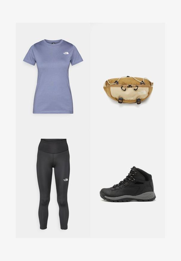 T-shirt de manga curta lilás, feito de algodão, com decote redondo e um pequeno logótipo branco no peito. Textura suave.; Leggings pretos de cintura alta feitos de um tecido liso e elástico. Apresenta um logo na parte inferior da perna e um comprimento justo até ao tornozelo.; Bota de caminhada preta com design de cano médio, apresentando um upper texturizado, detalhes cinzentos e sola de borracha durável com cravos de tração.; The North Face TERRA LUMBAR 3L UNISEX - Bolsa de cintura - utility brown/khaki stone